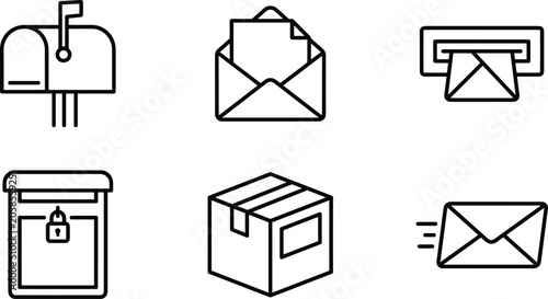Schilderij op canvas Minimalist postal service line icon set featuring mailbox open envelope letter package slot delivery and secure shipping symbols