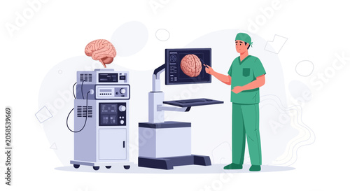 Surgeon Analyzes Brain Scan on Medical Monitor with Advanced Equipment in Modern Clinic