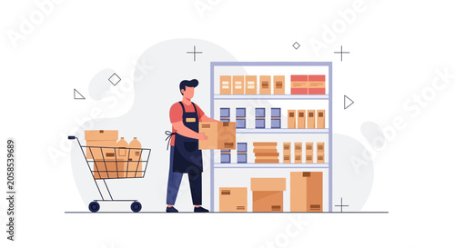 Warehouse worker organizing shelves with boxes and products near a shopping cart