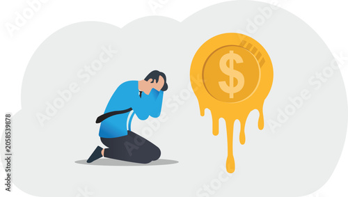Foto Desperate Businessman Crying Near Melting Dollar Coin