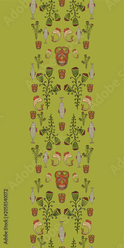 Vertical Seamless Border of Sugar Skulls with Fish and Floral Motifs on Olive Green Background