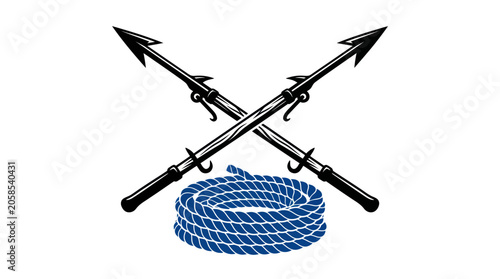 Intricate nautical fishing harpoons and blue rope symbol.