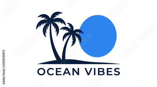Palm tree and blue sun ocean vibes emblem.