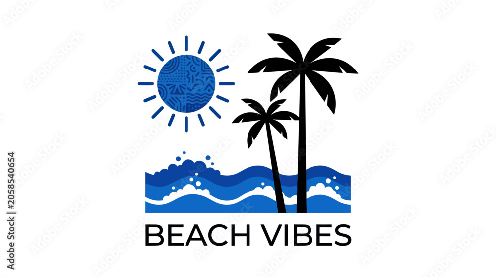 Obraz premium Tropical Beach Vibes square graphic with palms and sun.