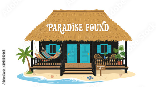 Tropical beach hut illustration with Paradise Found text.