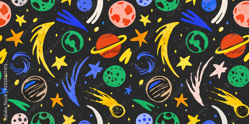 Naklejka premium Colorful space pattern featuring planets stars and comets vector illustration