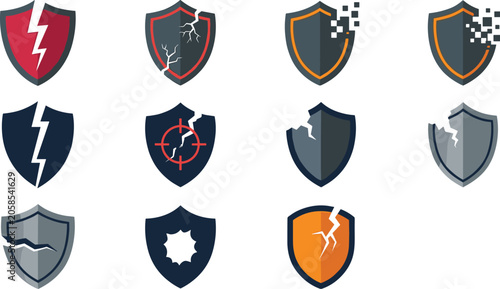Bild auf Leinwand Broken Shield Security Breach Icon Set with Cracked Protection Vulnerability and