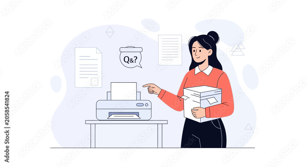 Obraz premium Woman with Printer and Documents, Concept of Office Work and Information Management