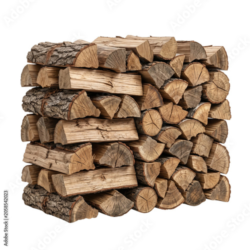 Neatly stacked pile of chopped rustic firewood logs for a cozy campfire.