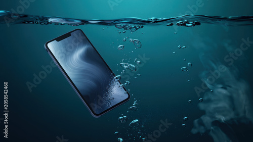 Smartphone Underwater Concept – Water Resistance Showcase, Air Bubbles, Sleek Modern Design and Durable Technology Photography Inspiration