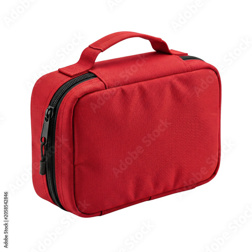 Compact red canvas medical first aid pouch with zipper and top handle.