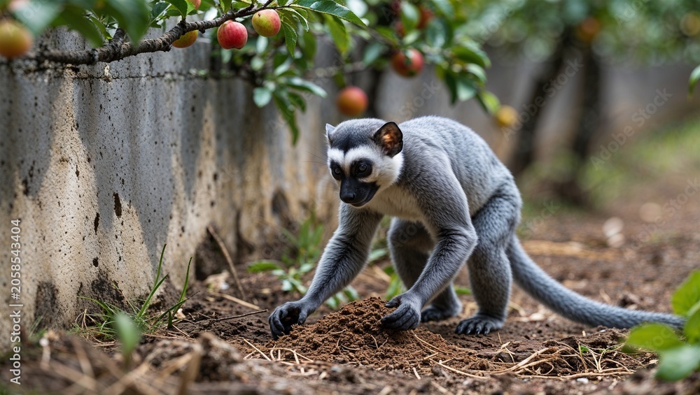 Fototapeta premium Ring tailed lemur walking near tree trunk in natural wildlife habitat