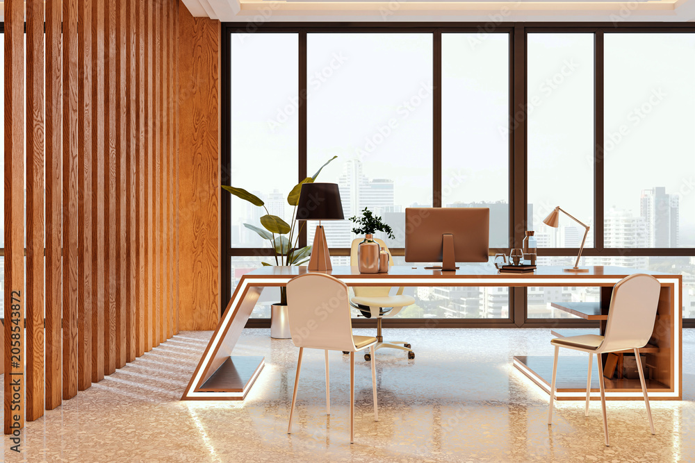 Obraz premium Modern luxury office interior featuring premium desk, wooden elements, glass windows and contemporary furniture in bright corporate workspace. 3D Rendering