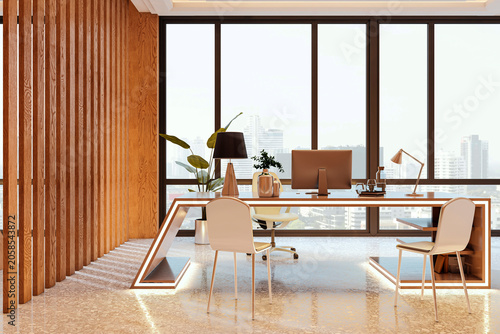 Modern luxury office interior featuring premium desk, wooden elements, glass windows and contemporary furniture in bright corporate workspace. 3D Rendering