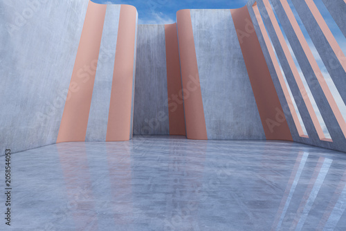 Obraz na plátně Modern empty architectural space with curved concrete walls and soft pastel accents under clear sky creating contemporary artful background