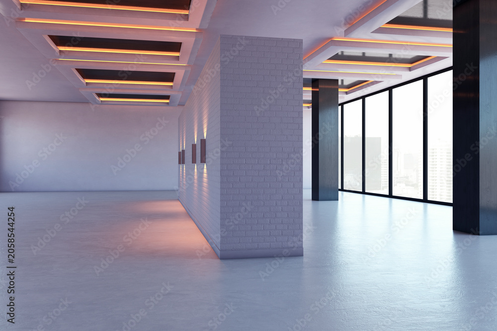 Naklejka premium Modern empty gallery interior with illuminated brick wall, large windows and contemporary ceiling lights in spacious hall. 3D Rendering