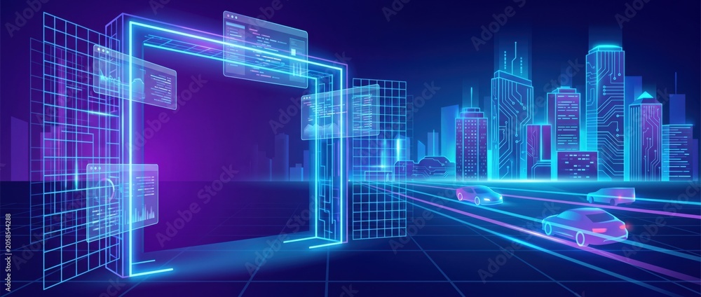 Obraz premium Futuristic neon gateway with vibrant electric circuits on a deep purple backdrop, glowing lines forming a high-tech digital interface, modern technology concept with dynamic light effects.