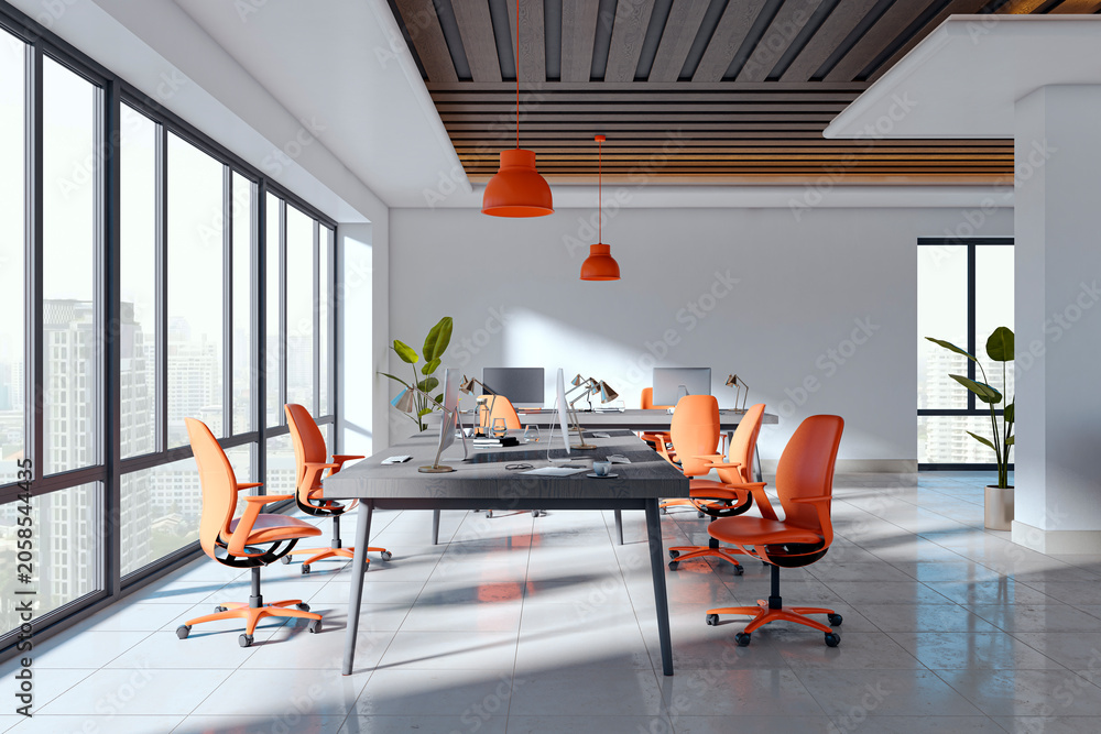 Obraz premium Modern open space office interior with orange chairs, large windows, contemporary workstations and bright corporate workplace design. 3D Rendering