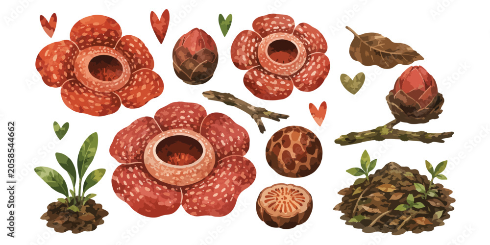 Obraz premium Watercolor rafflesia arnoldii giant corpse flowers botanical set