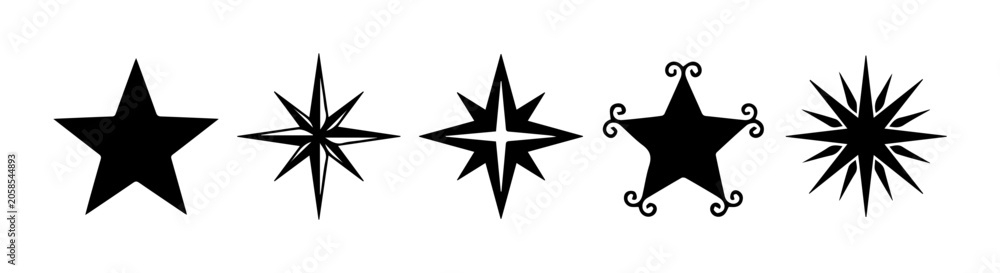 Obraz premium Diverse Star Icons Set, Black Vector Graphics, Celestial and Decorative Star Shapes for Design Projects