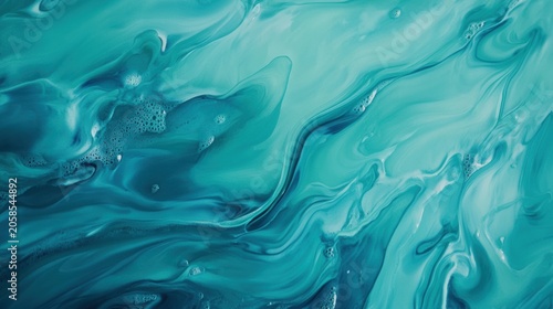 Teal and blue liquid paint swirls with white accents