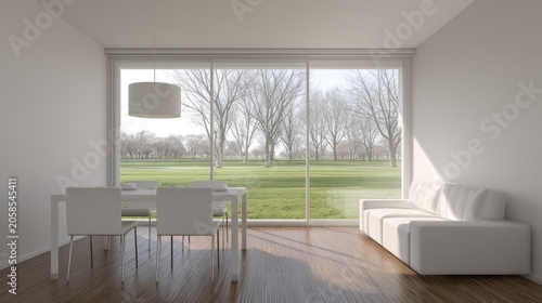 Modern interior room showcases minimalist furniture arrangement facing expansive outdoor park view