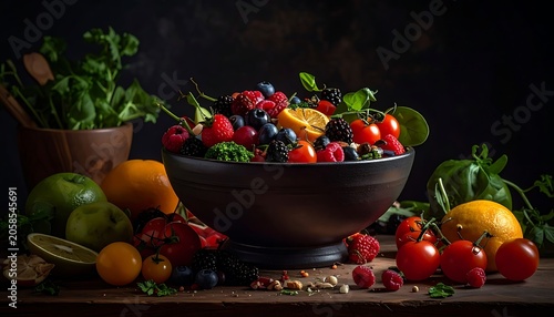 A vibrant arrangement of fresh fruits and greens on a wooden table