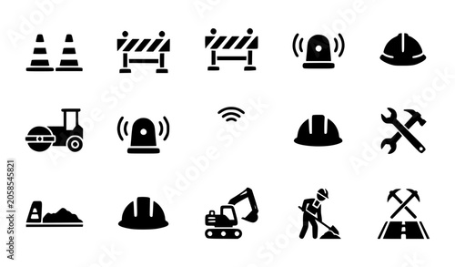 Konstfotografi Black road works icon vector set with construction equipment and traffic safety