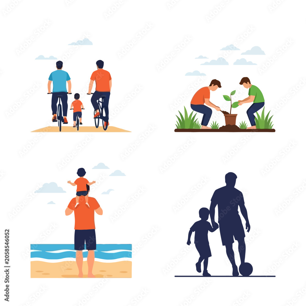Fototapeta premium Father and children cycling, planting, piggyback ride, playing football, outdoor family fun.