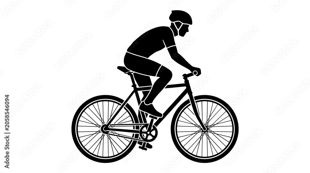 Naklejka premium Black vector illustration of a cyclist wearing a helmet riding a modern racing bicycle isolated on a white background for sports design
