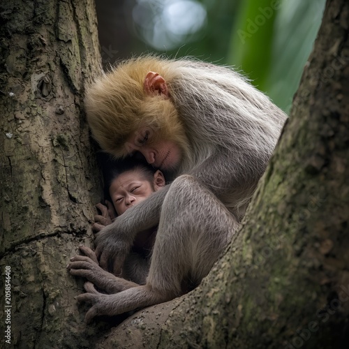monkey with baby on a tree