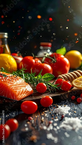 A vibrant arrangement of fresh salmon, cherry tomatoes, and lemons