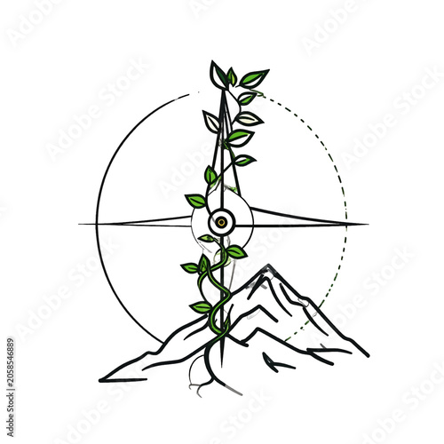 Fotografie A compass rose entwined with a growing vine over a mountain