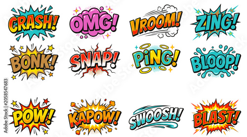 Vibrant comic book sound effect bubbles with pop text.