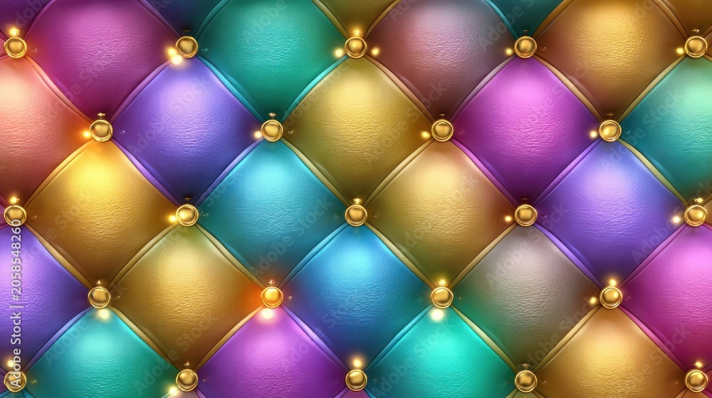 Fototapeta premium Richly colored diamond tufted upholstery features shimmering golden accents across the surface.