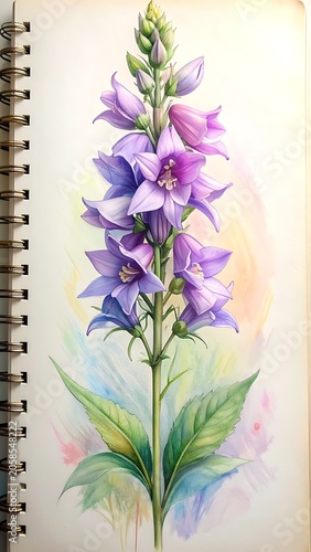 A vibrant purple flower blooms from a spiral-bound sketchbook page