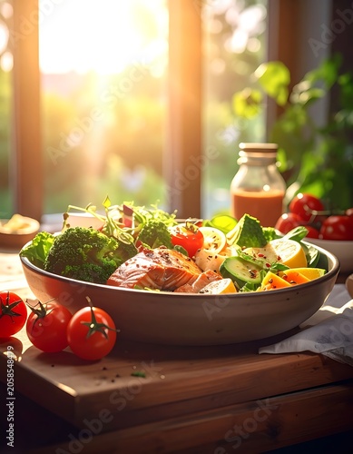 A vibrant salad in a bowl on a wooden cutting board