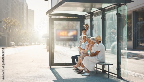 Seniors waiting at sunny urban bus stop