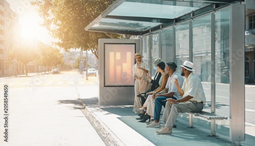 Diverse people waiting at a sunny bus stop
