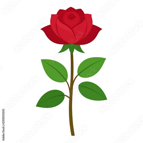 A vibrant red rose with green leaves on a brown stem against white background