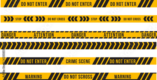 Caution tape, crime scene tape, warning stripes, yellow black hazard ribbons, 10 tape designs