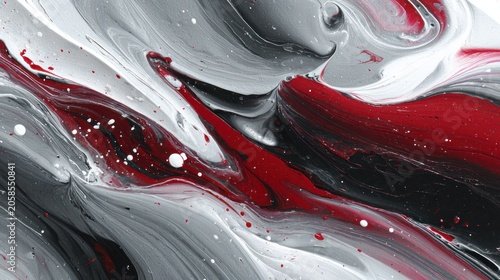 Vibrant crimson, white, and black liquids swirl together in an abstract acrylic flow.