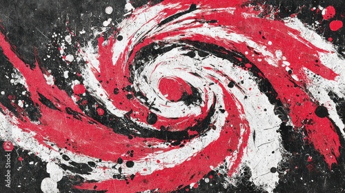 Vivid red, white, and black paint forms an abstract, textured spiral pattern.
