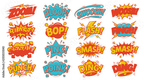 Vibrant comic sound effects and speech bubbles set.