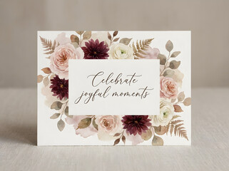 Floral wedding invitation card with watercolor flowers and calligraphy border Design  on a white background