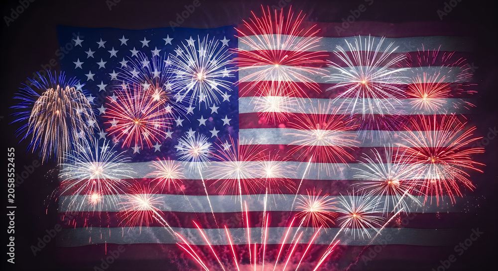 Fototapeta premium Vibrant fireworks explode against american flag backdrop on 4th of july celebration