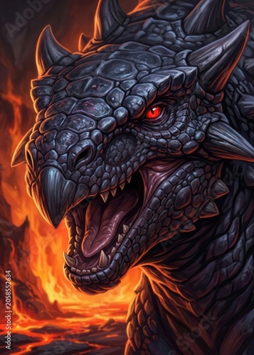 Mythical Black Dragon Head Roaring in a Burning Inferno