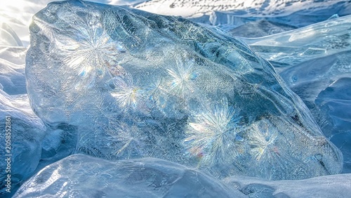 Ammonia crystal formations in Arctic ice, sparkling like diamonds in sunlight with a cold color palette.