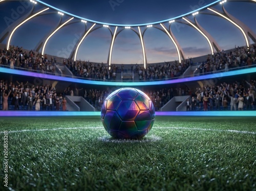 Colorful Iridescent Soccer Ball on Modern Stadium Grass at Night