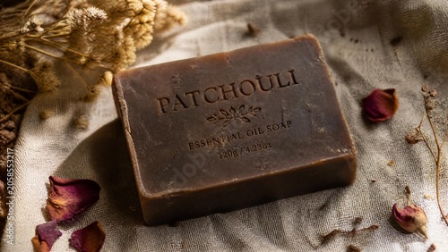 Dark brown patchouli soap bar on rough linen with dried flowers, rustic texture.